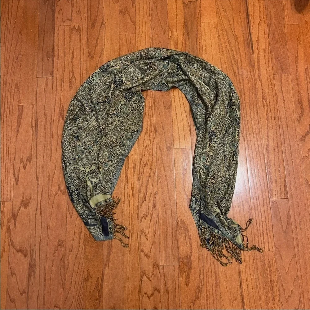 Paris Boutique Paisley Viscose Scarf Blue Green Boho Fringe Wrap